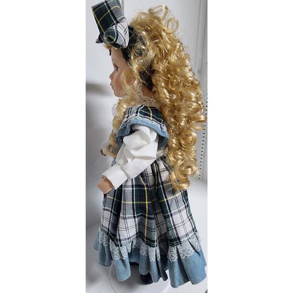 Vintage 17” Porcelain Holiday Doll In plaid | Mercari Vintage Tender Heart Treasures Porcelain Doll Plaid Dress Blonde Curls w/ Stand